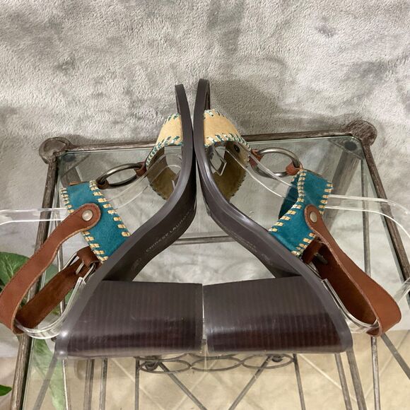 Chinese Laundry Golden LEATHER Heeled Stacked SANDALS WOMAN’S SIZE 9.5 Turquoise - Picture 7 of 10